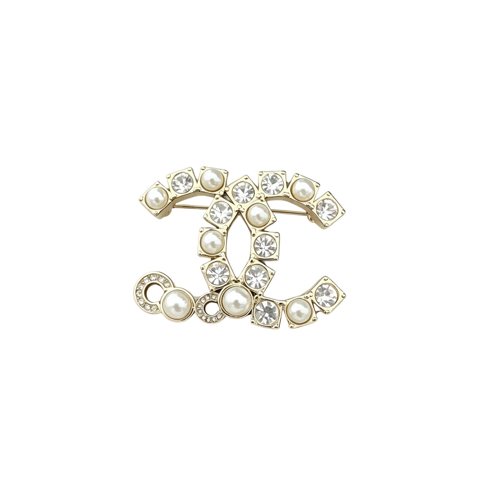 Square-Set Crystal and Lustrous Bead Interlocking C Brooch