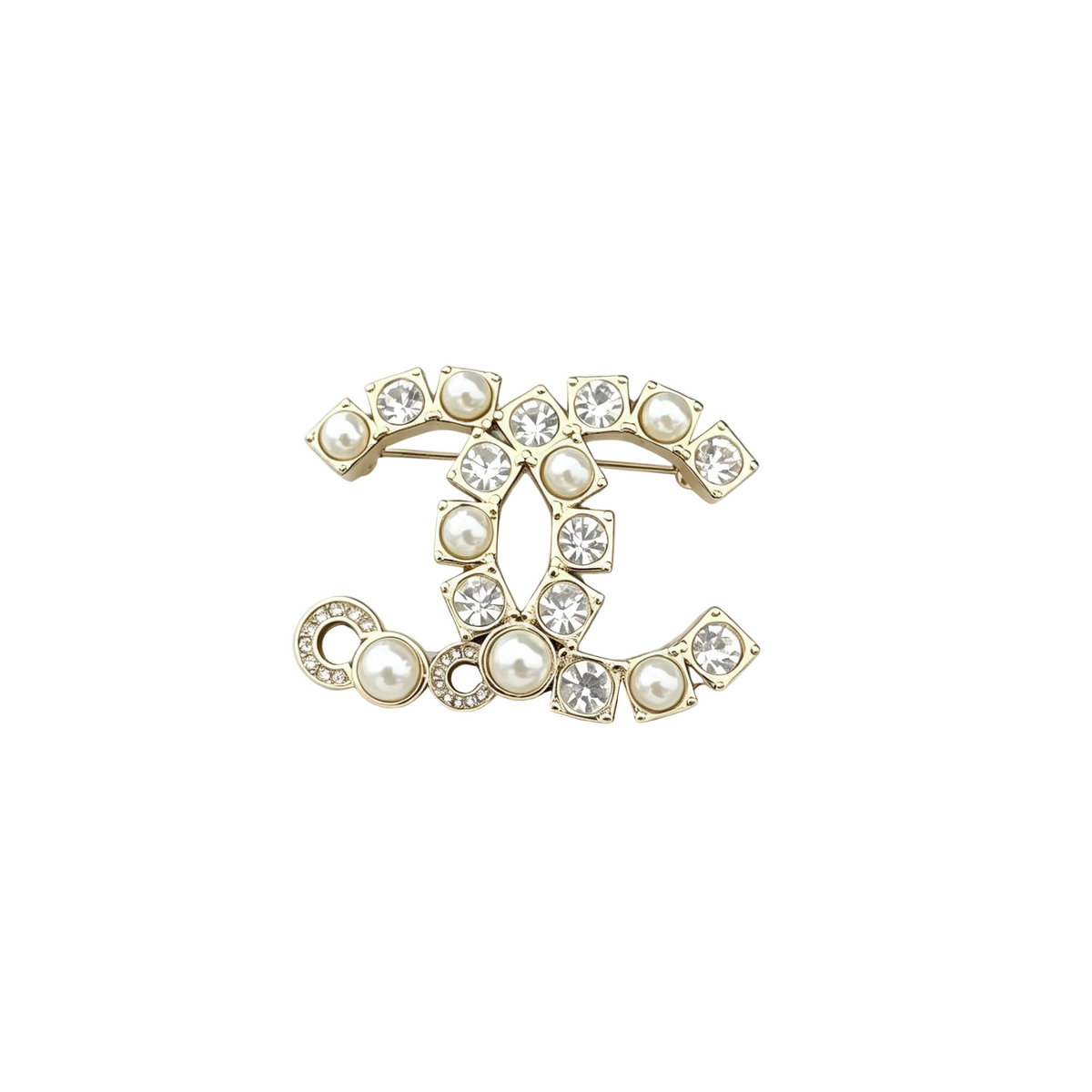 Square-Set Crystal and Lustrous Bead Interlocking C Brooch