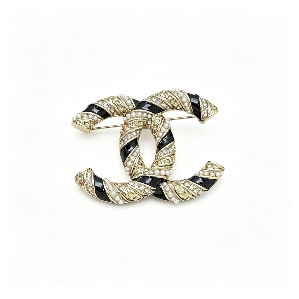 Twisted Double-C Motif Brooch – Enamel, Crystals and Beads