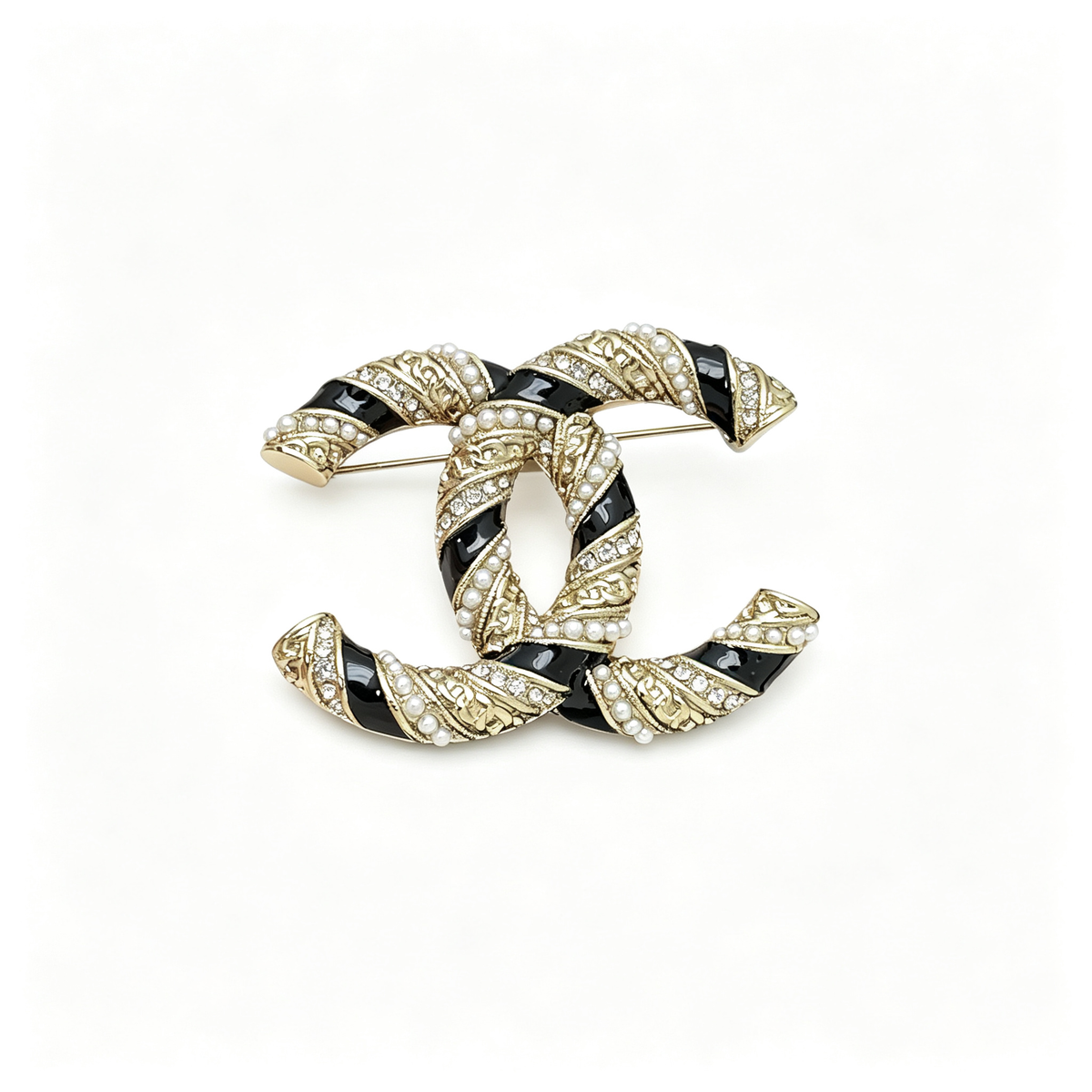 Twisted Double-C Motif Brooch – Enamel, Crystals and Beads