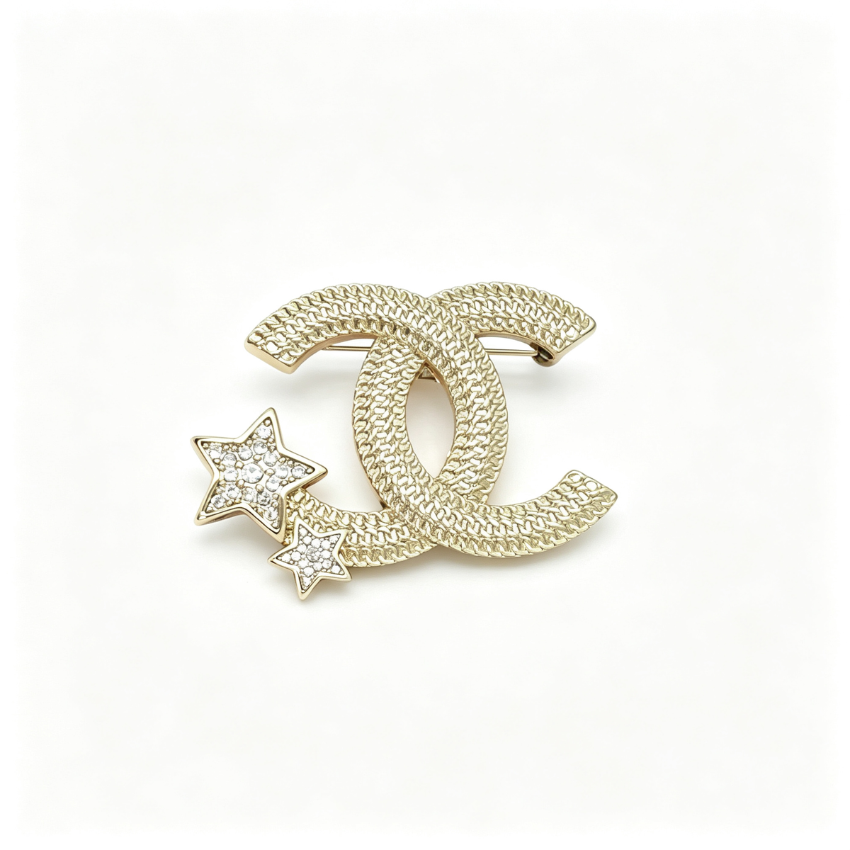 Textured Double-C Motif Brooch – Pavé Star Charms