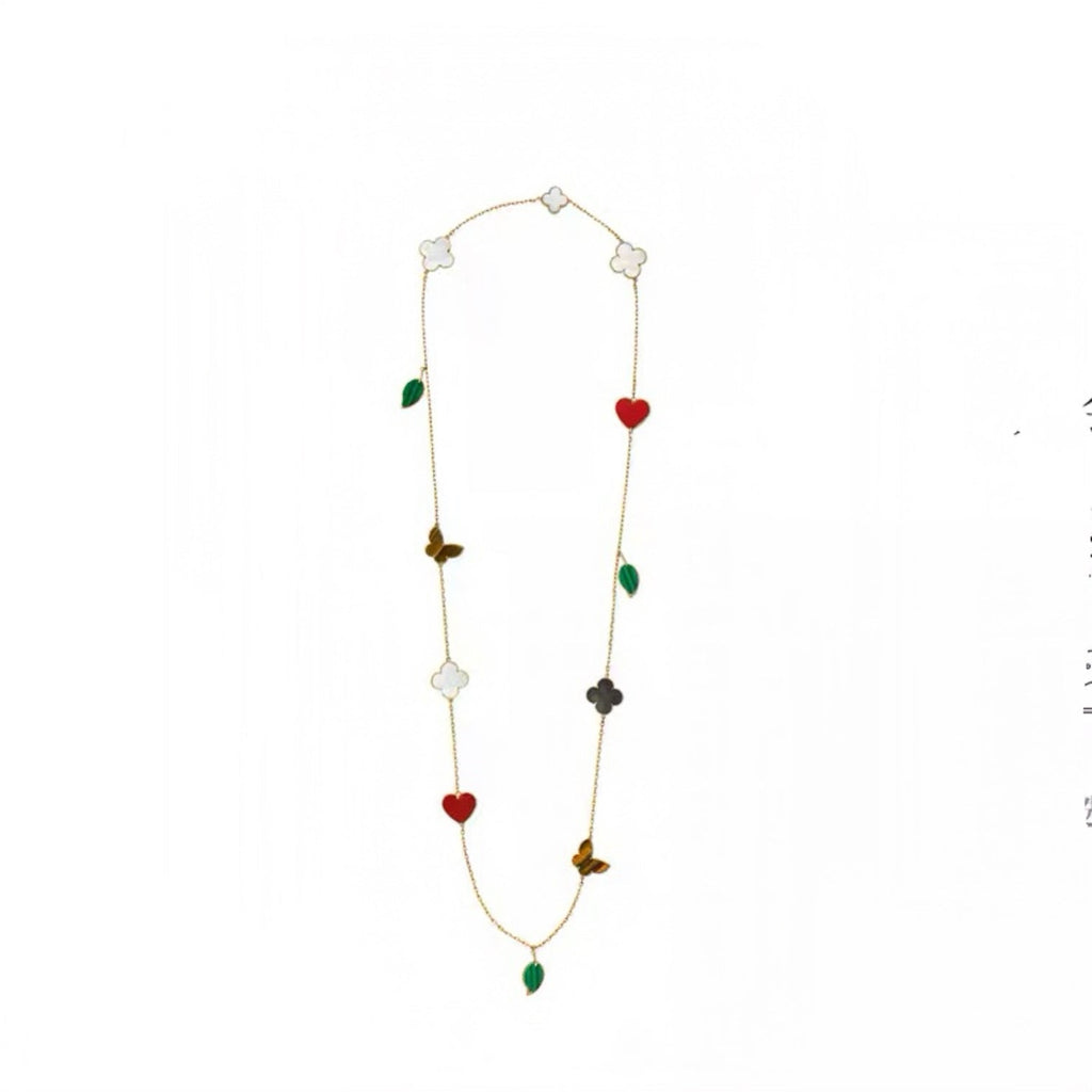 12-Motif Long Necklace Dainty Gemstone Floral Pendant for Women