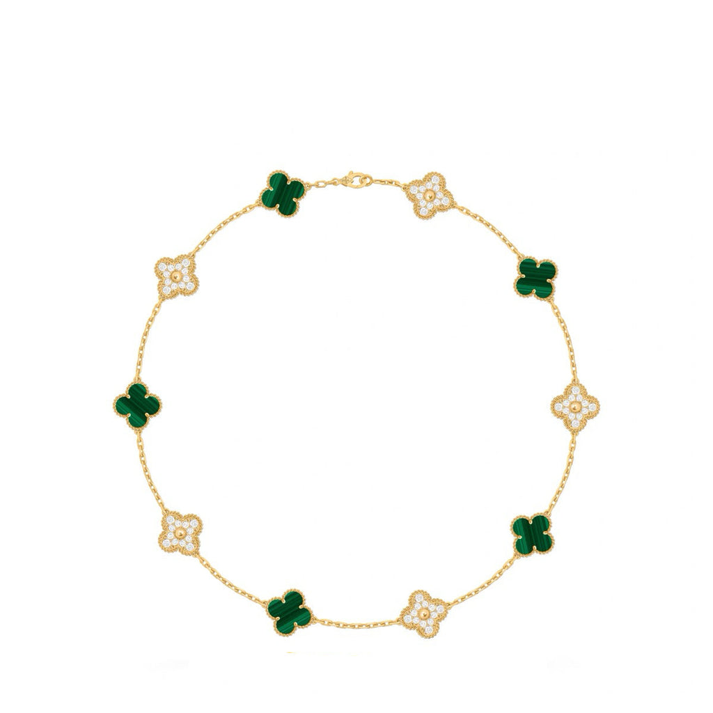 Mini‑Size Four‑Leaf Clover Malachite Stone-set Necklace
