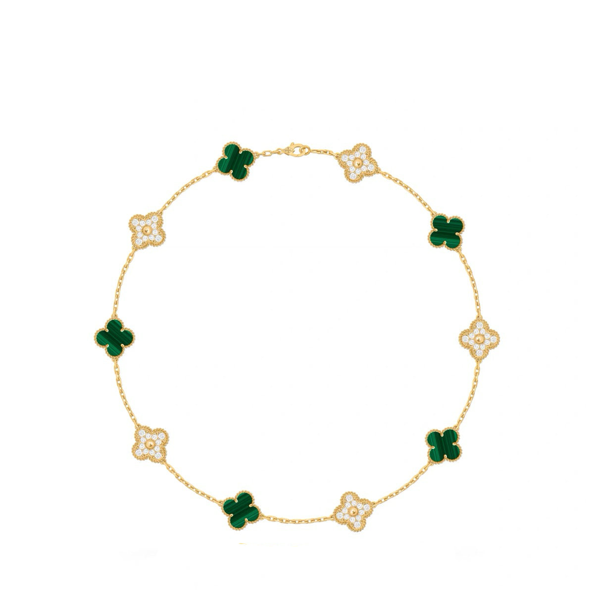 Mini‑Size Four‑Leaf Clover Malachite Stone-set Necklace