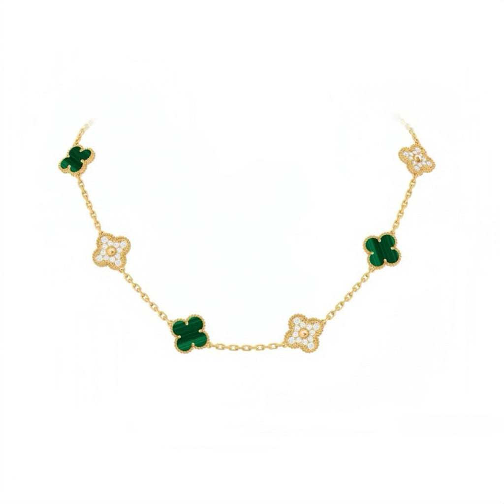 Mini‑Size Four‑Leaf Clover Malachite Stone-set Necklace