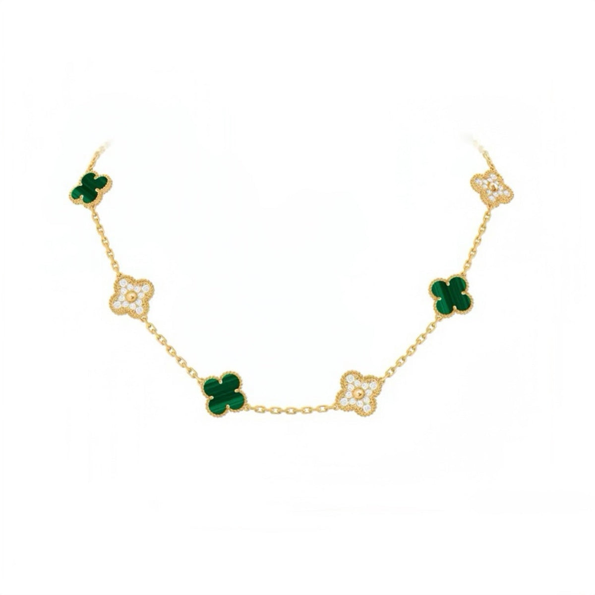 Mini‑Size Four‑Leaf Clover Malachite Stone-set Necklace