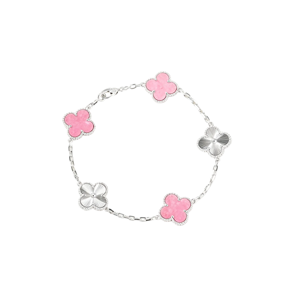 Carved Rhodonite Five-Motif Bracelet – Rose-Pink Floral Design