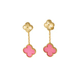 Pink Bubble Enamel Four-Leaf Clover Drop Earrings–Double Flower Design