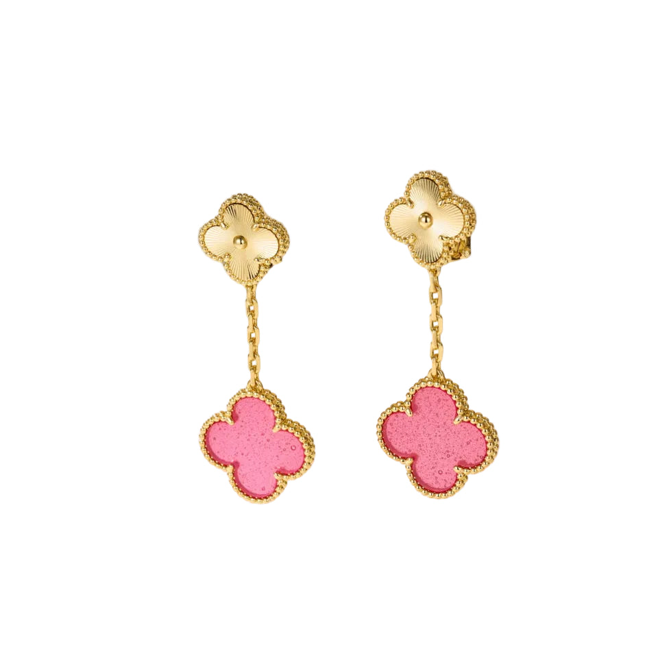 Pink Bubble Enamel Four-Leaf Clover Drop Earrings–Double Flower Design