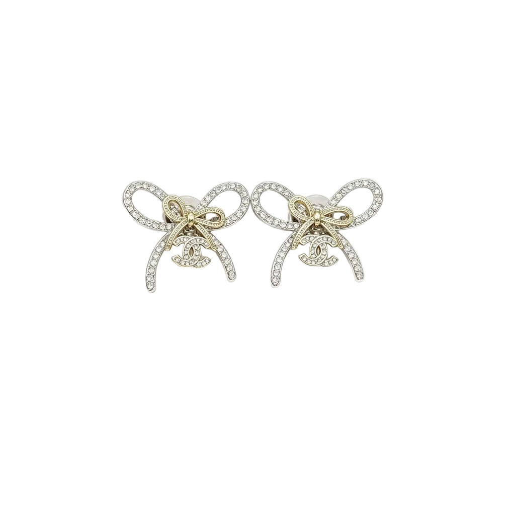 Crystal Pavé Bow Stud Earrings–Two-Tone, Interlocking C Charm