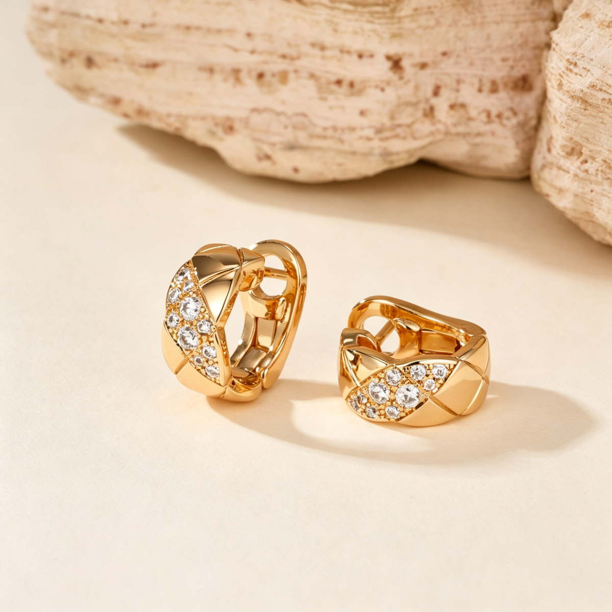 Quilted Lattice Huggie Earrings–Full Gemstone Pavé