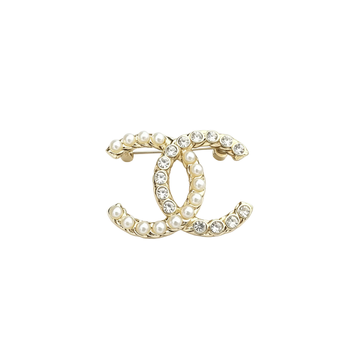 Interlocking C Brooch – Lustrous Beads & Clear Crystals