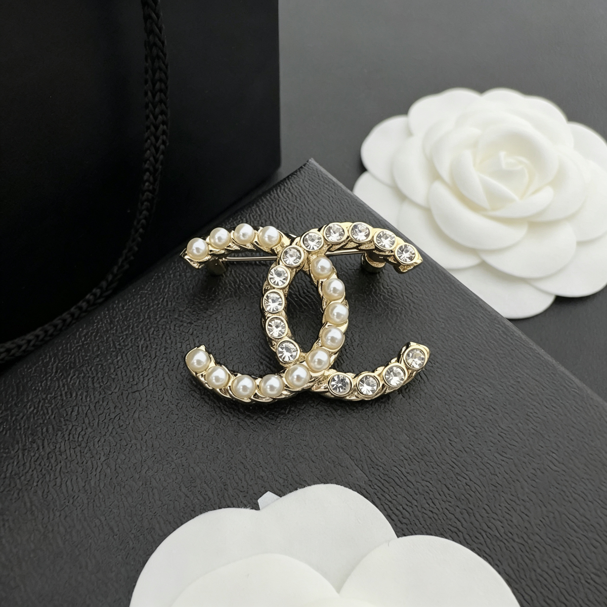 Interlocking C Brooch – Lustrous Beads & Clear Crystals