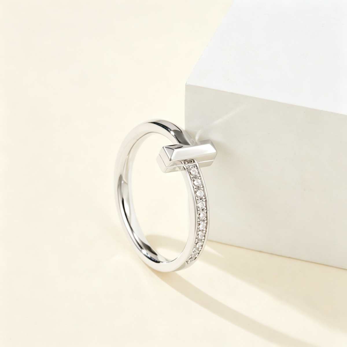 Slim Half Pavé Gemstones T Letter Ring, Unisex Couple Ring for Daily Wear & Gifting