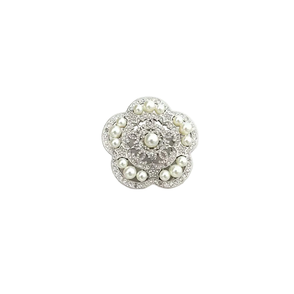 Silver-Tone Flower Brooch with Lustrous Beads & Crystal Pavé