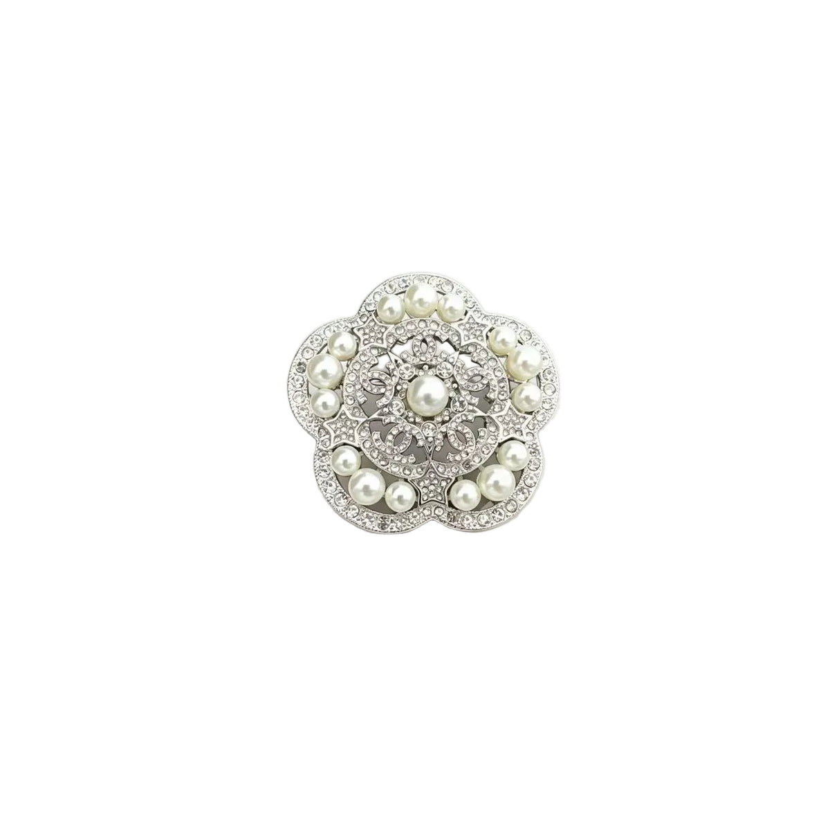 Silver-Tone Flower Brooch with Lustrous Beads & Crystal Pavé