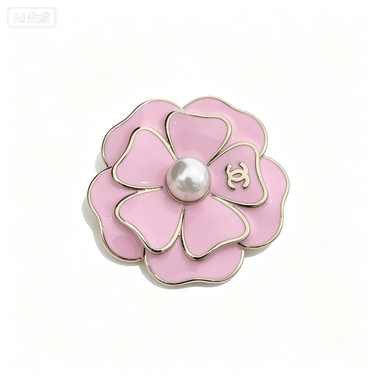 Two-Layer Enamel Camellia Flower Brooch – Lustrous Bead Center