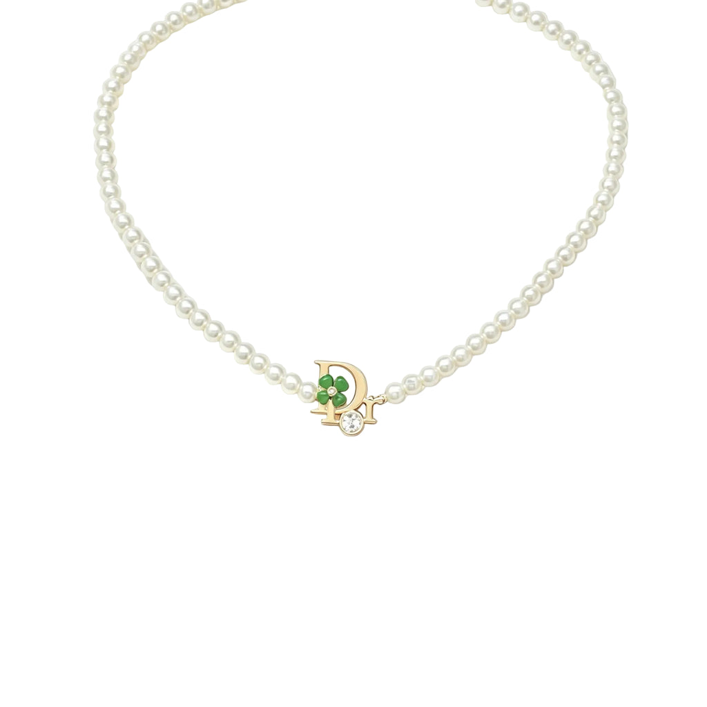 Lustrous Bead Choker Necklace – D Letter Charm, Green Clover