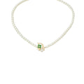 Lustrous Bead Choker Necklace – D Letter Charm, Green Clover