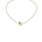 Lustrous Bead Choker Necklace – D Letter Charm, Green Clover