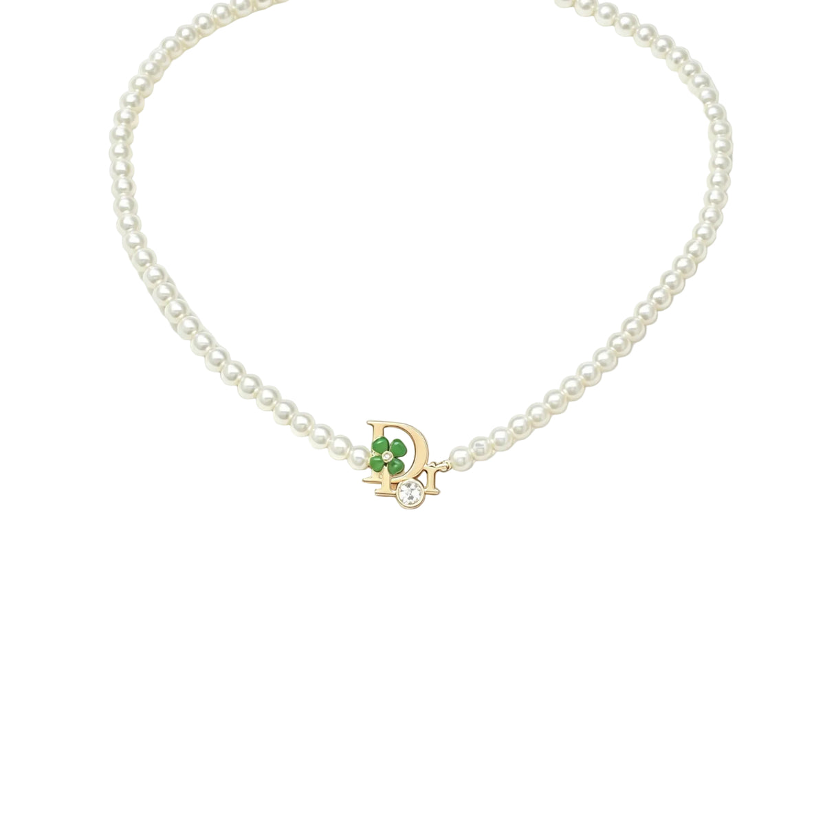 Lustrous Bead Choker Necklace – D Letter Charm, Green Clover