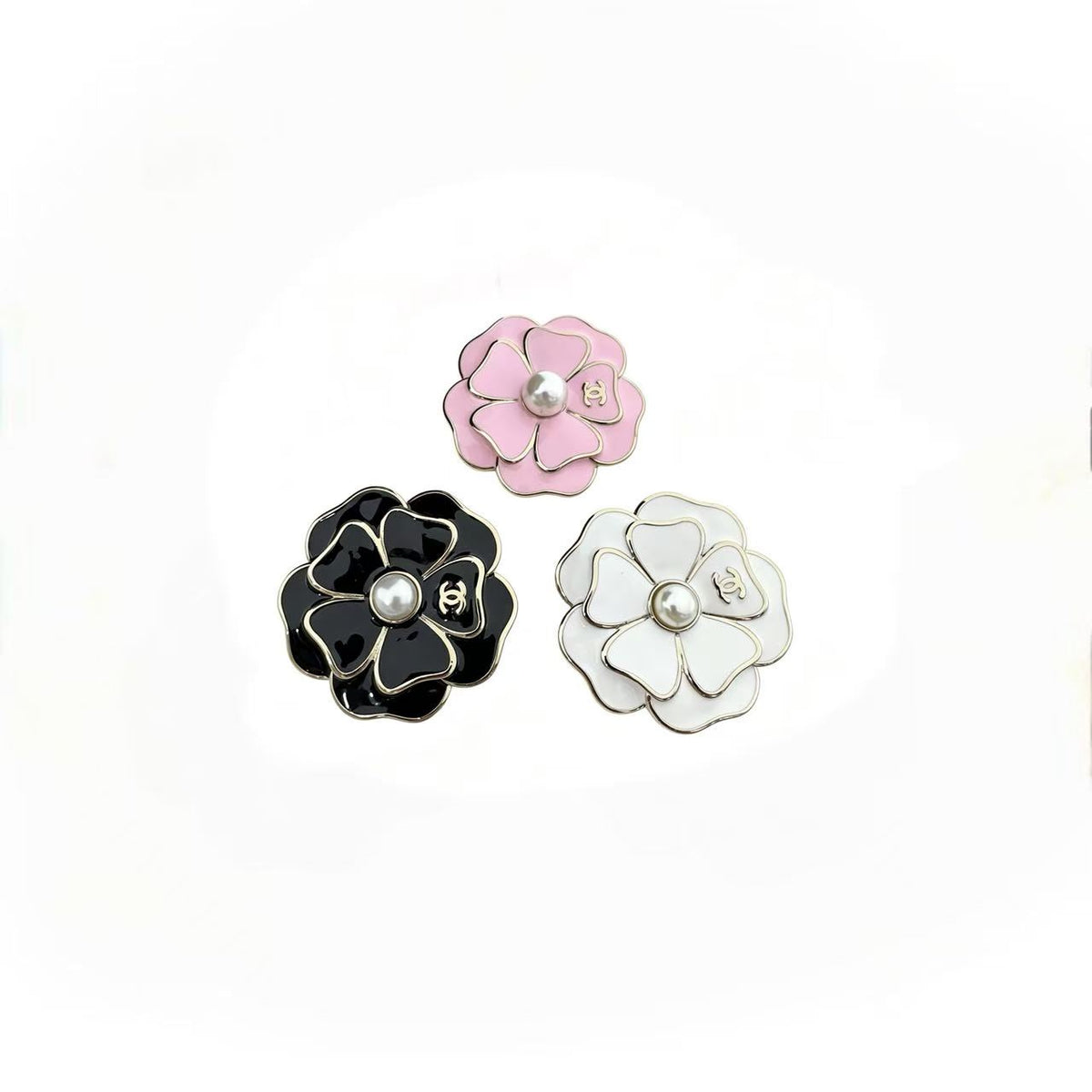 Two-Layer Enamel Camellia Flower Brooch – Lustrous Bead Center