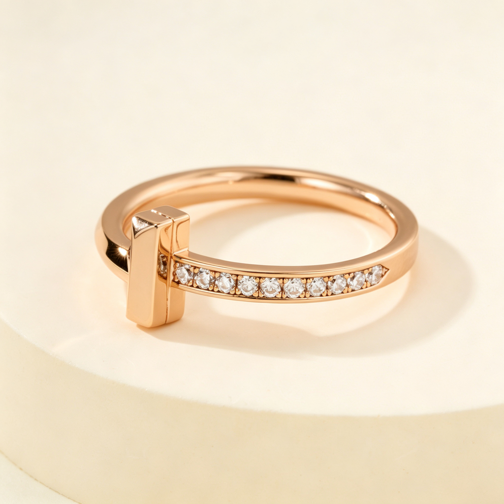 Slim Half Pavé Gemstones T Letter Ring, Unisex Couple Ring for Daily Wear & Gifting