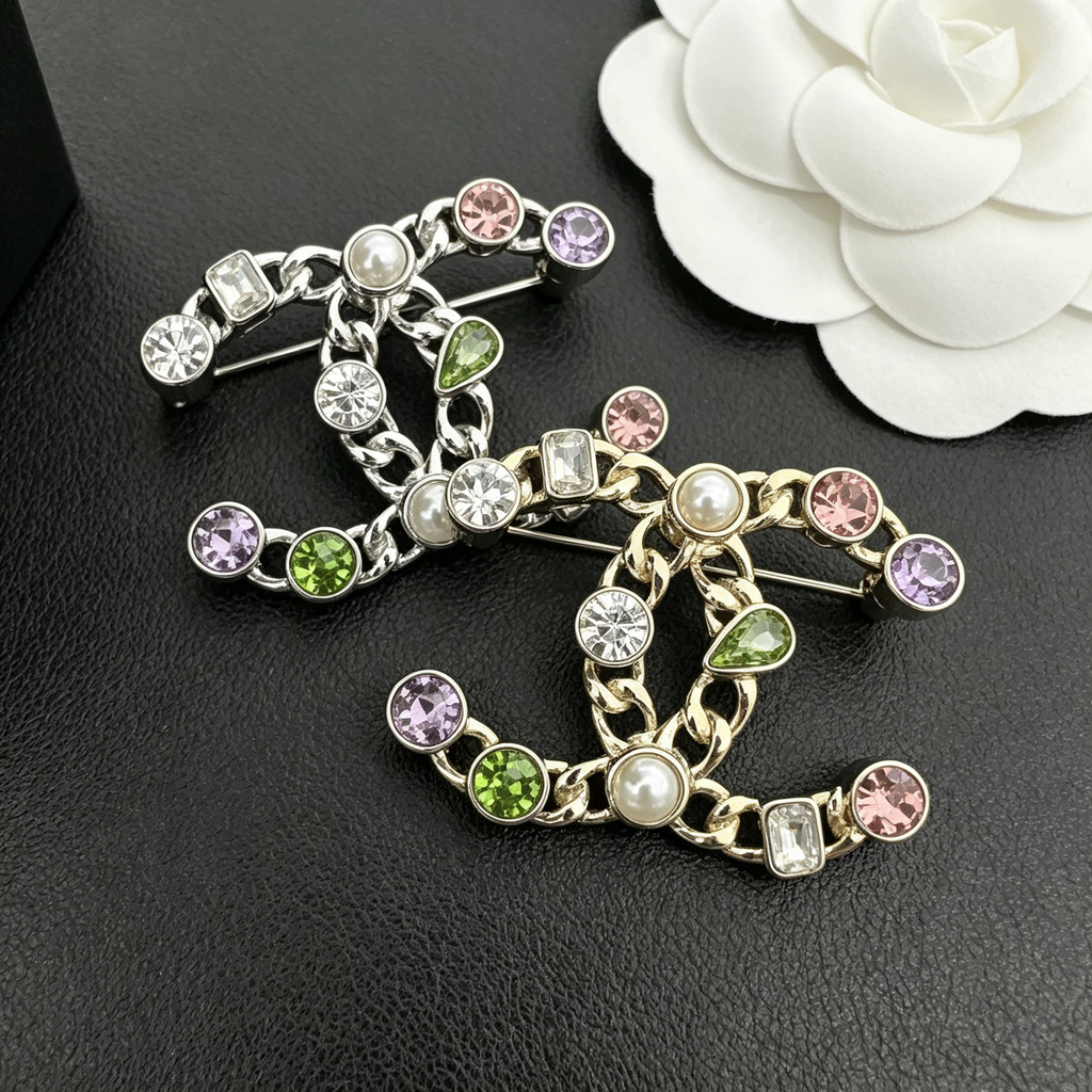 Interlocking C Multi-Stone Chain Brooch