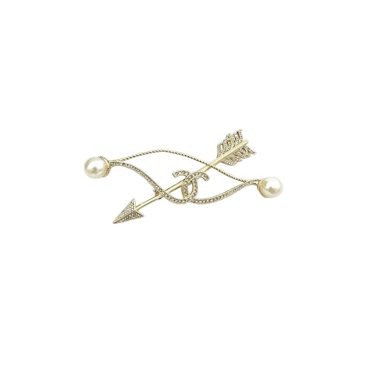 Crystal Arrow Brooch – Interlocking C & Lustrous Bead Ends