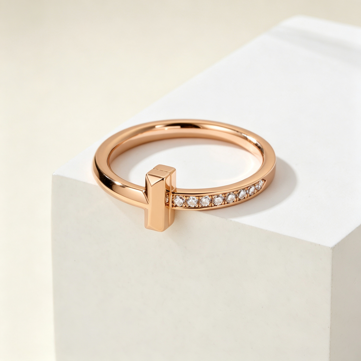 Slim Half Pavé Gemstones T Letter Ring, Unisex Couple Ring for Daily Wear & Gifting