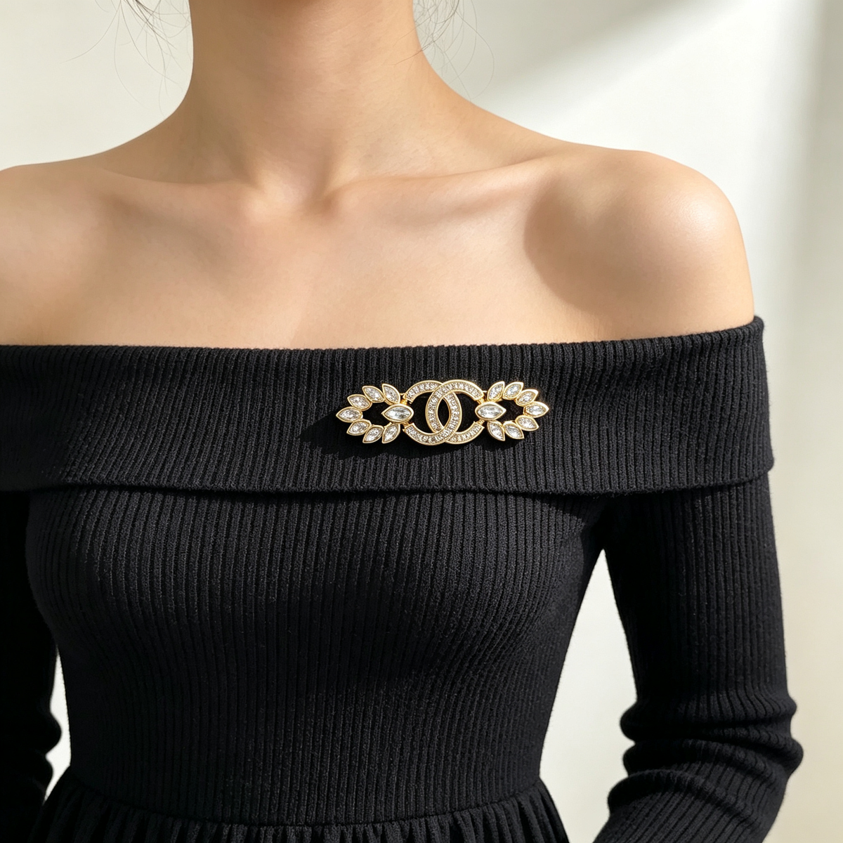 Interlocking C Bar Brooch – Pavé Crystals & Marquise Leaf Stones