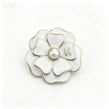 Two-Layer Enamel Camellia Flower Brooch – Lustrous Bead Center