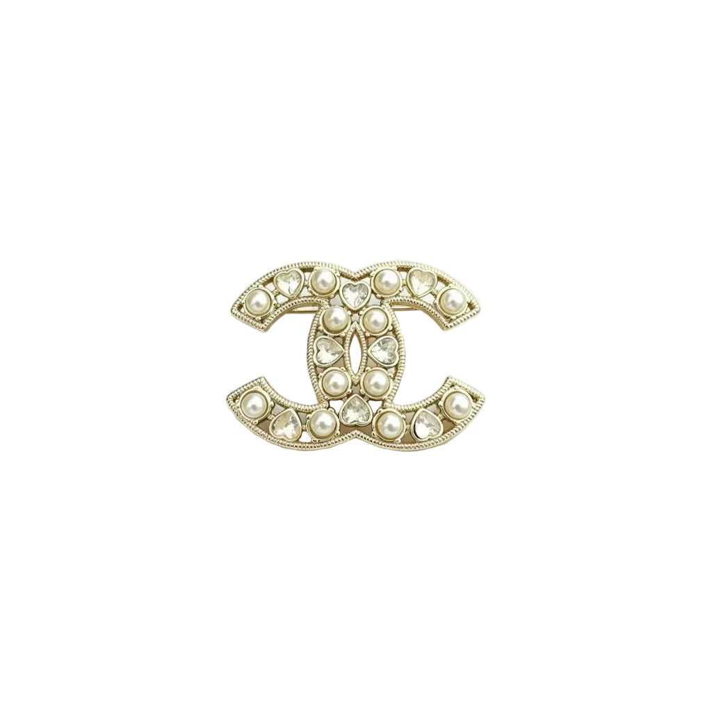 Interlocking C Brooch with Lustrous Beads & Heart Crystals
