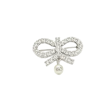 Crystal Bow Brooch with Lustrous Bead Drop