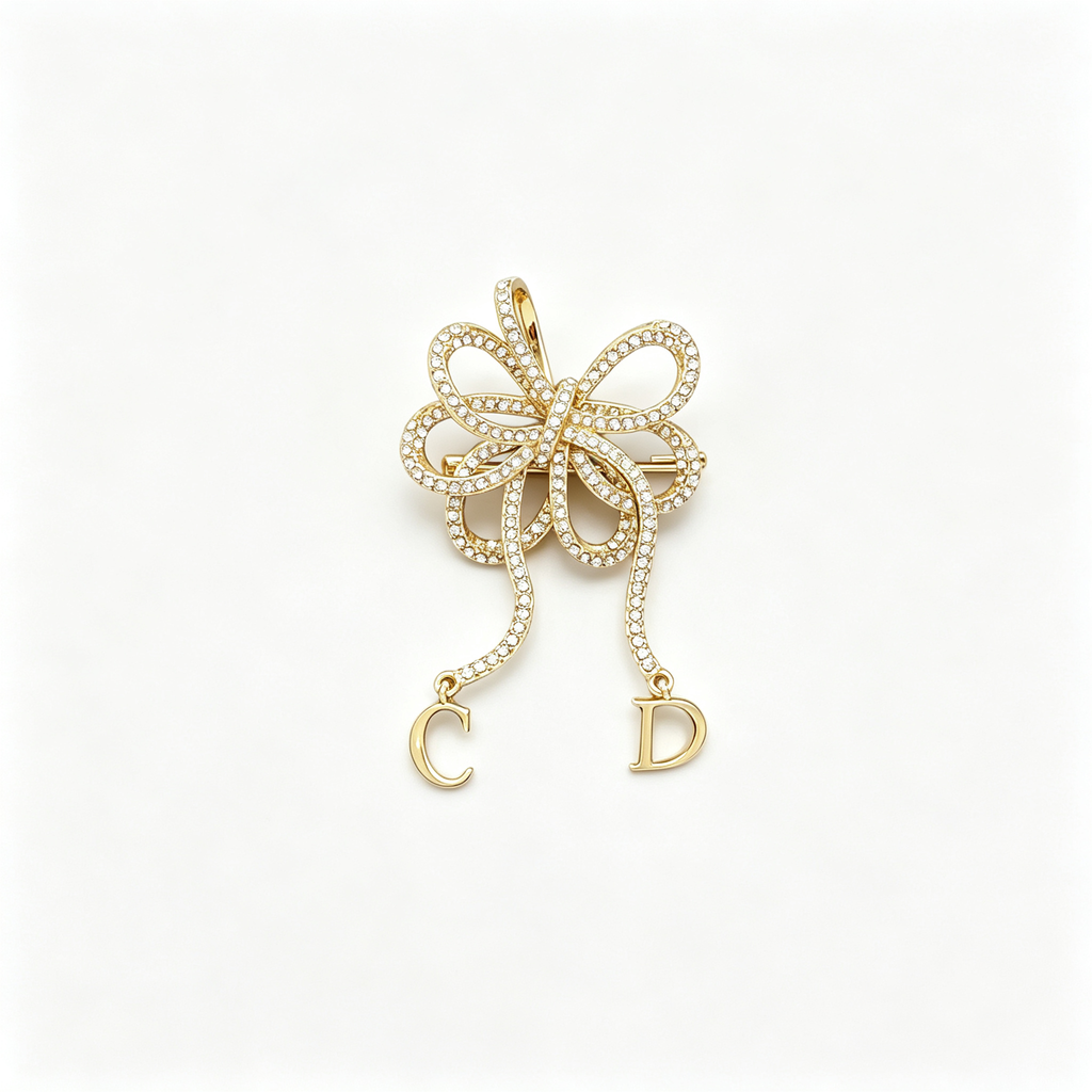 Crystal Openwork Bow Brooch – Dangling Letter Charms