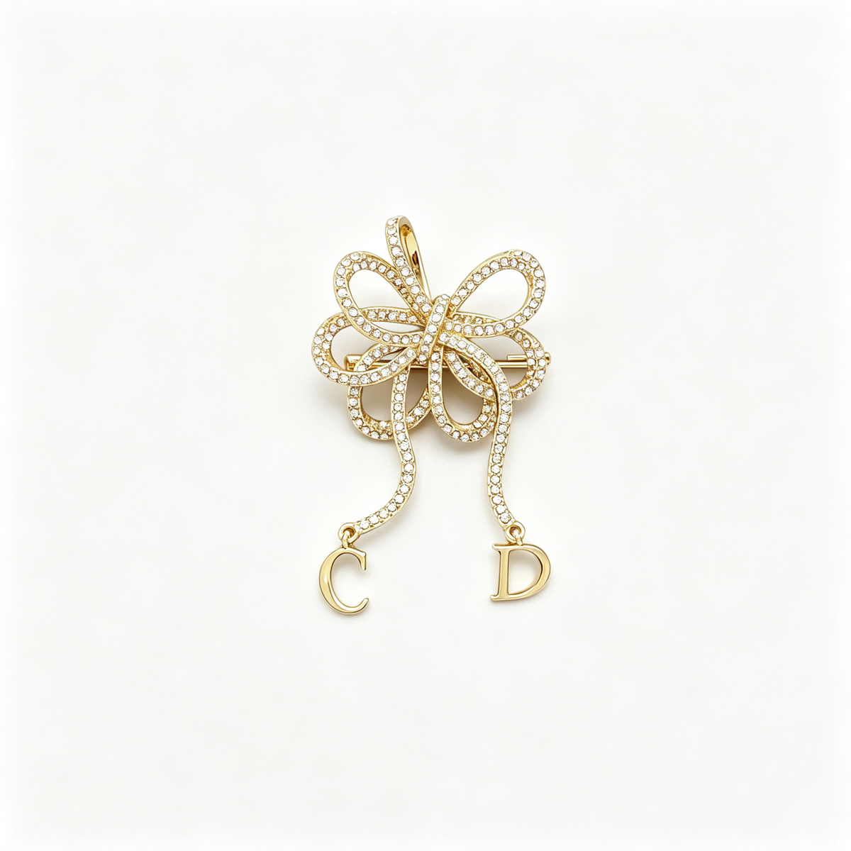 Crystal Openwork Bow Brooch – Dangling Letter Charms