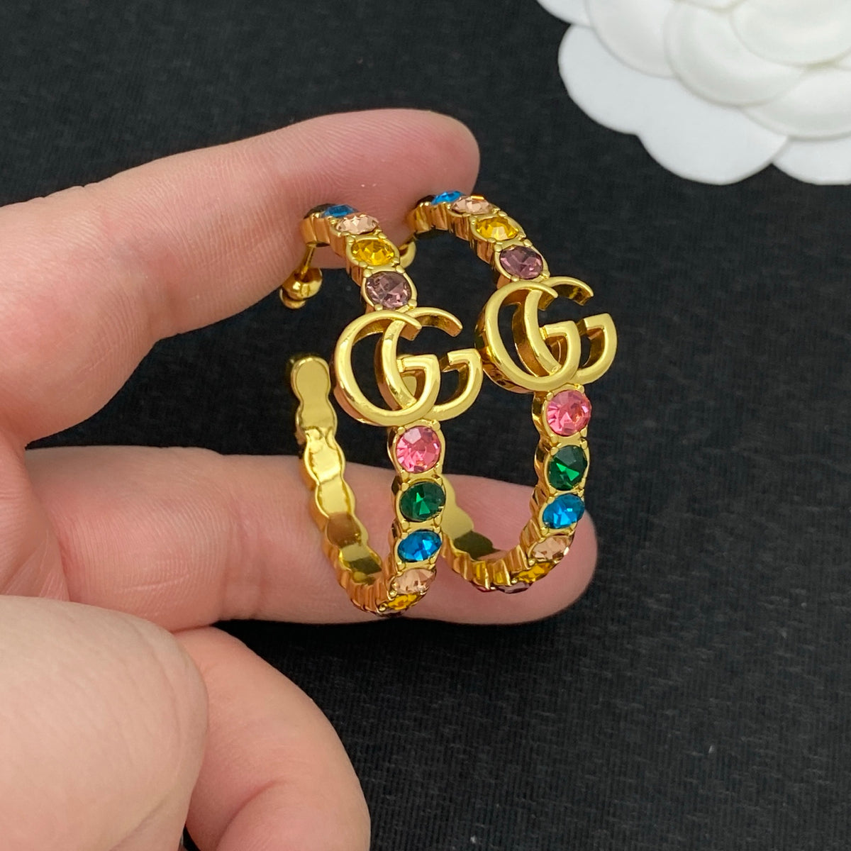 Multicolor Crystal Open Hoop Earrings–Interlocking G Motif