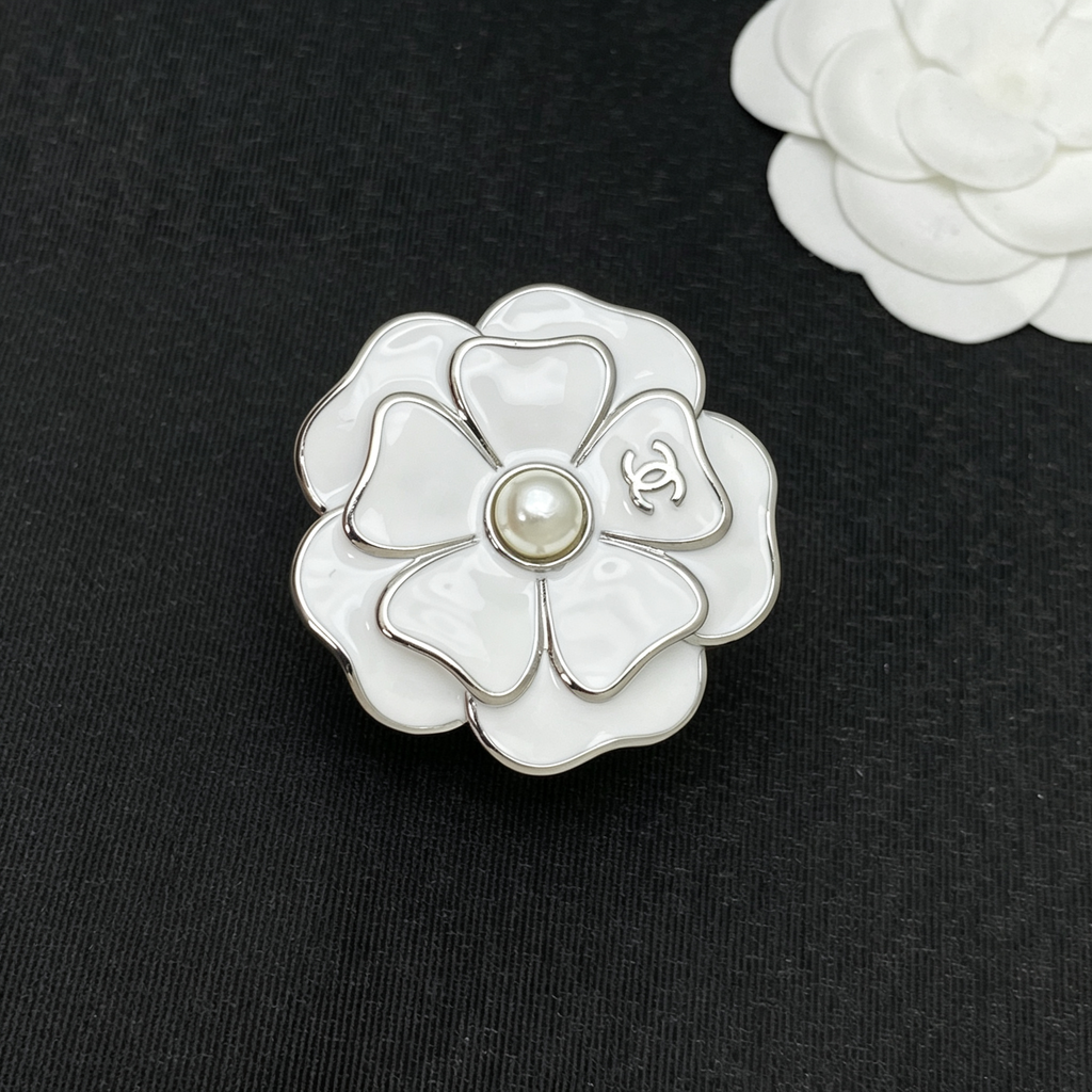 White Enamel Camellia Brooch – Lustrous Bead Center