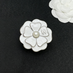 White Enamel Camellia Brooch – Lustrous Bead Center