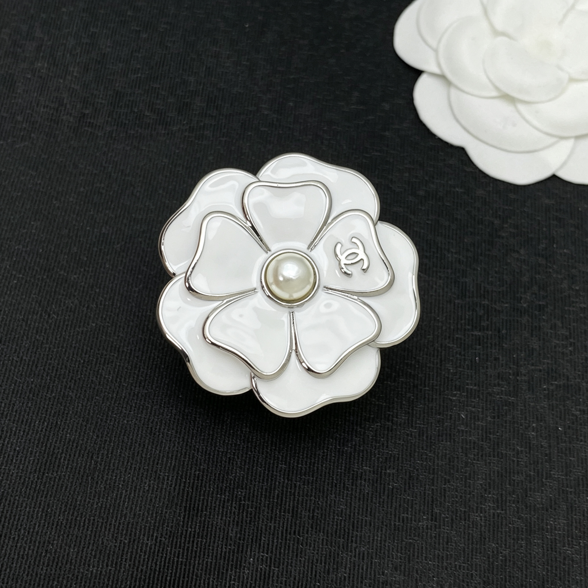 White Enamel Camellia Brooch – Lustrous Bead Center