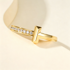 Slim Half Pavé Gemstones T Letter Ring, Unisex Couple Ring for Daily Wear & Gifting