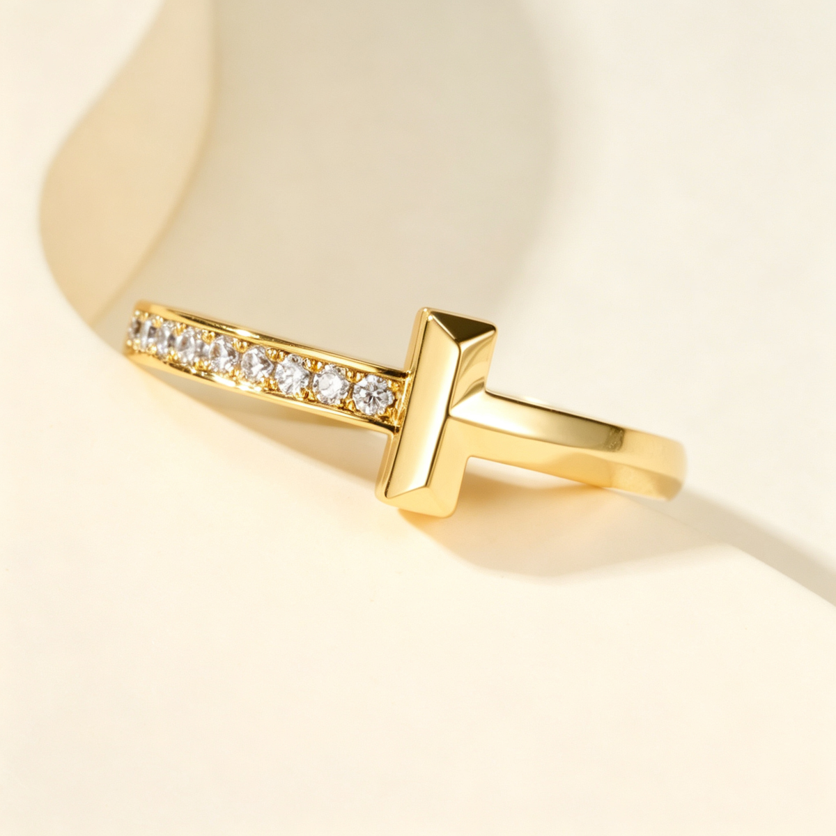 Slim Half Pavé Gemstones T Letter Ring, Unisex Couple Ring for Daily Wear & Gifting