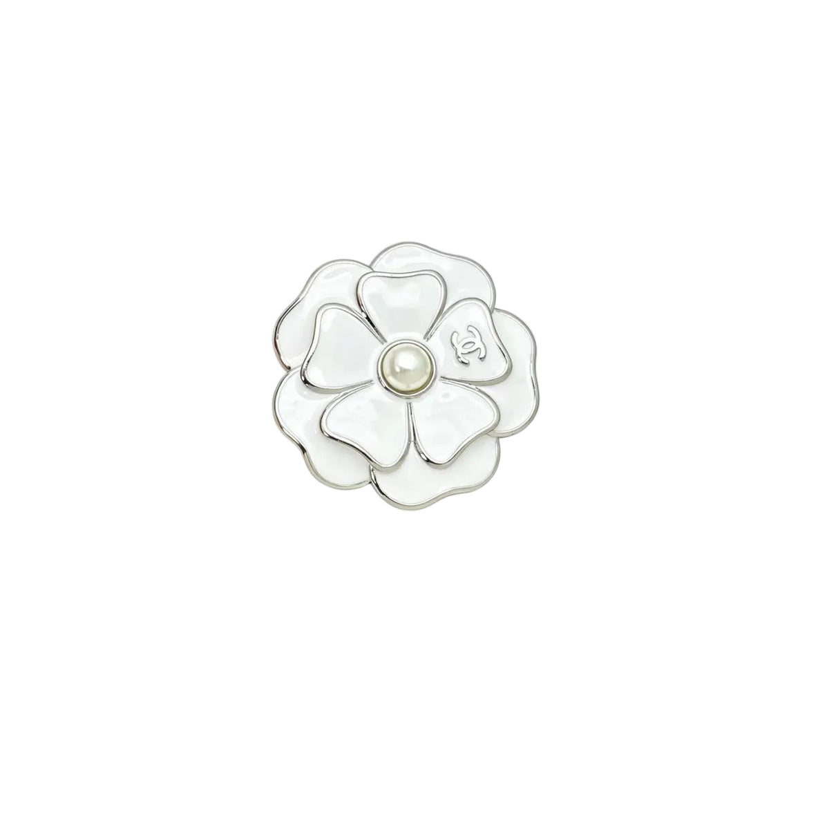 White Enamel Camellia Brooch – Lustrous Bead Center
