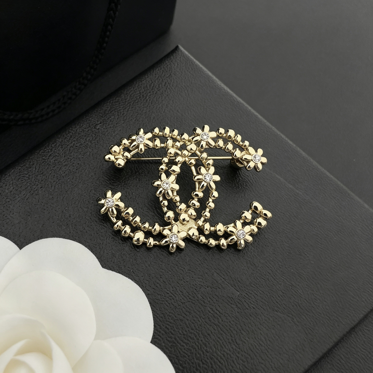 Interlocking C Beaded Chain Brooch – Floral Accents