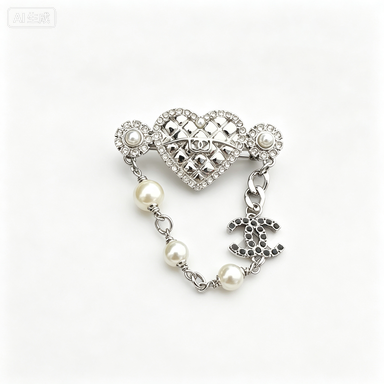 Quilted Heart Brooch – Crystal & Bead Chain Drop