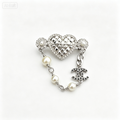 Quilted Heart Brooch – Crystal & Bead Chain Drop