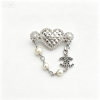Quilted Heart Brooch – Crystal & Bead Chain Drop