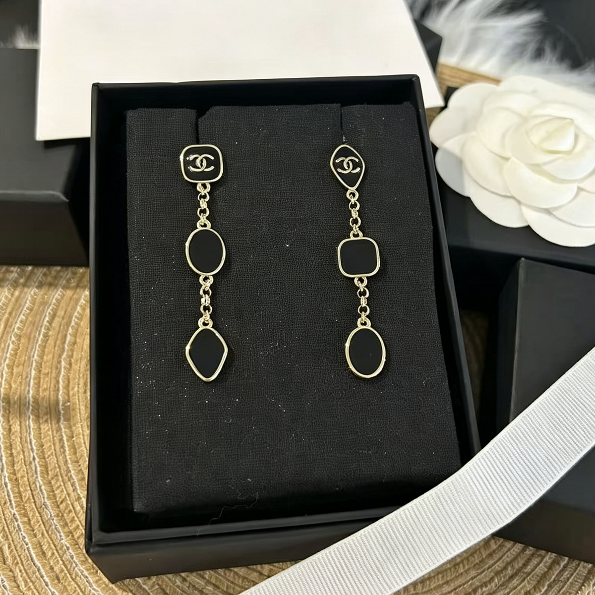 Black Enamel Long Drop Earrings–Irregular Geometric Shapes