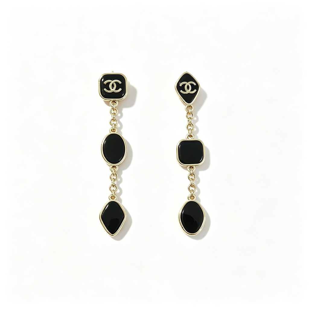 Black Enamel Long Drop Earrings–Irregular Geometric Shapes