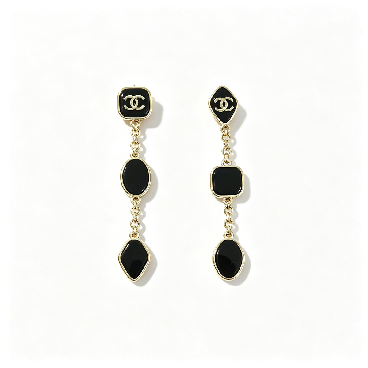 Black Enamel Long Drop Earrings–Irregular Geometric Shapes